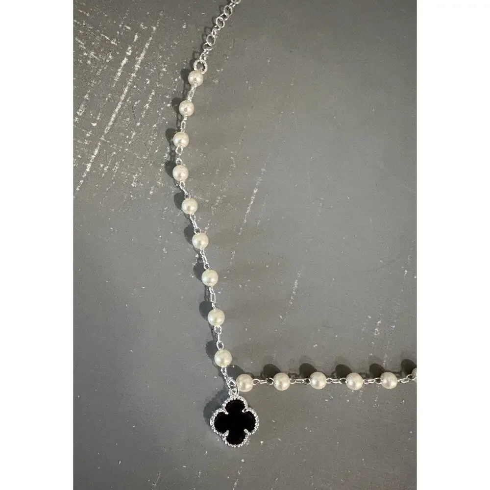 Black Clover Pendant Necklace Faux Pearl Chain Silver Tone Adjustable 17 Inches